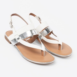 Shelvt Sandales blanches et argentées avec une large ceinture multicolore 2