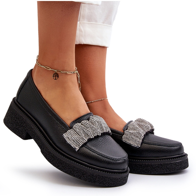 Zazoo 3419 mocassins en cuir pour femmes avec une sangle noire à bande décorative 4