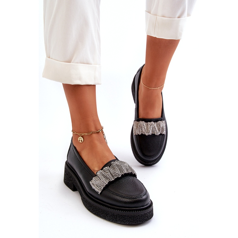 Zazoo 3419 mocassins en cuir pour femmes avec une sangle noire à bande décorative 1