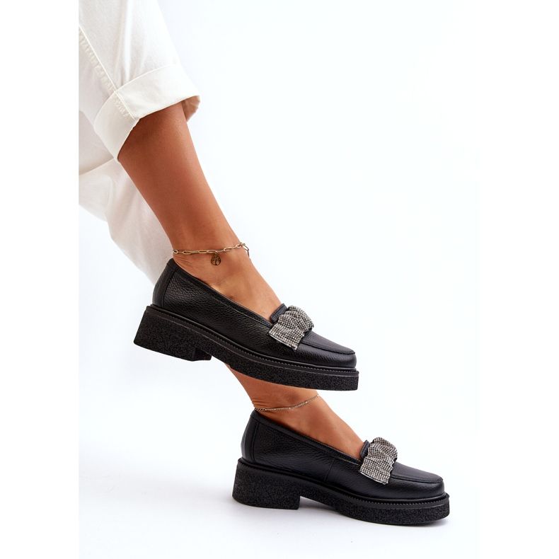 Zazoo 3419 mocassins en cuir pour femmes avec une sangle noire à bande décorative 3