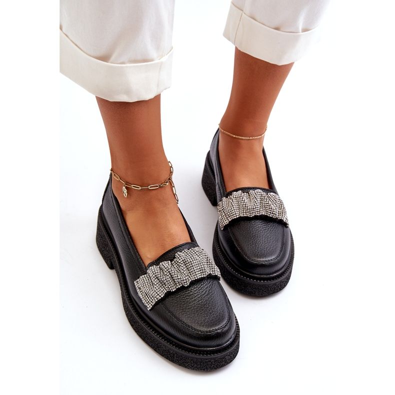 Zazoo 3419 mocassins en cuir pour femmes avec une sangle noire à bande décorative 2