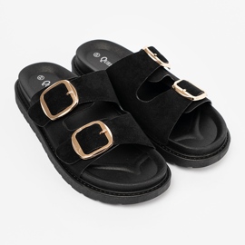 Shelvt Les tongs noirs des femmes avec des boucles dorées le noir 2