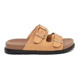 Shelvt Slippers pour femmes au caramel avec boucles dorées 2 Shelvt Slippers pour femmes au caramel avec boucles dorées 2