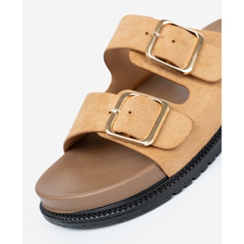 Shelvt Slippers pour femmes au caramel avec boucles dorées 1