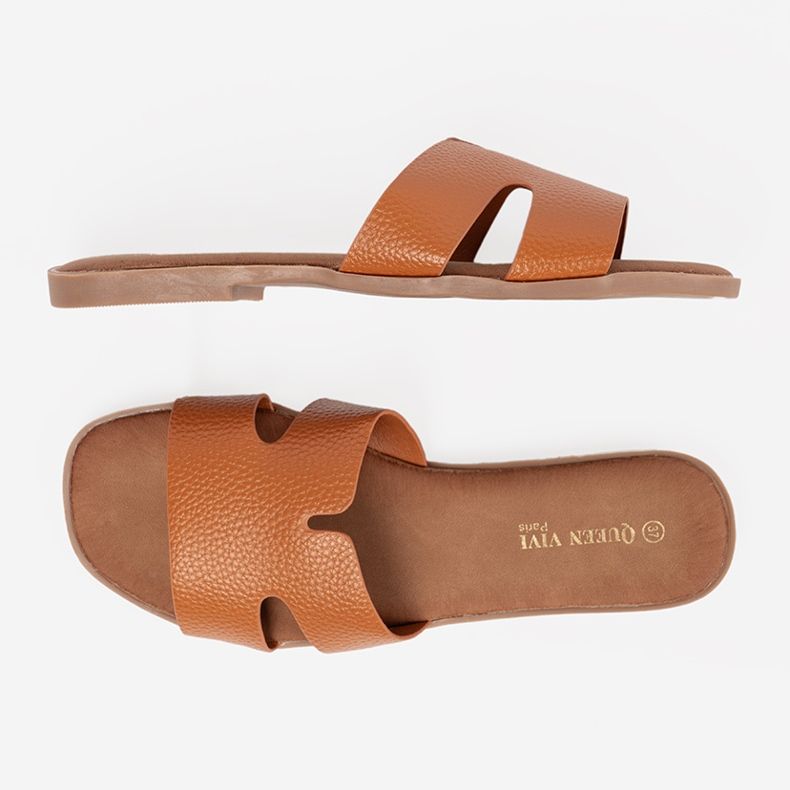 Shelvt Slippers en cuir pour femmes au caramel 1