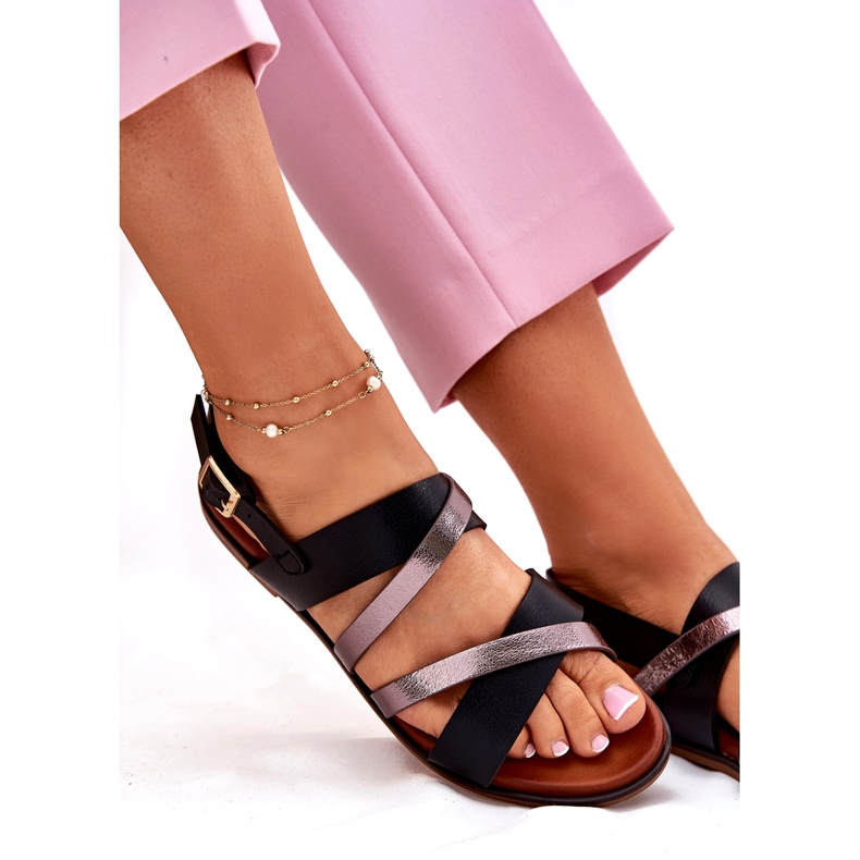 Sandales féminines à thèmes plates avec Sergio Leone SK086H rayures noir le noir 3