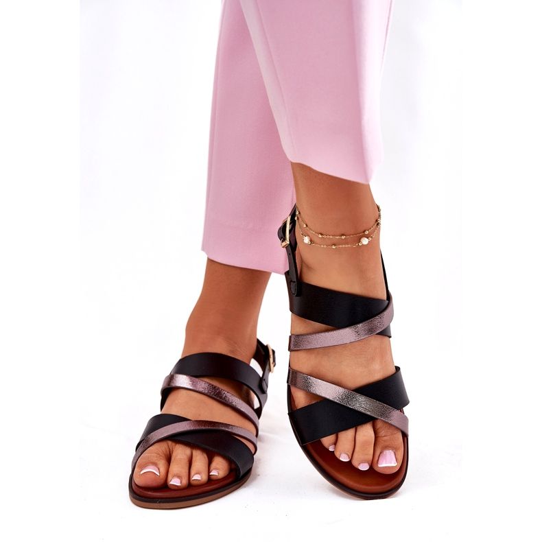 Sandales féminines à thèmes plates avec Sergio Leone SK086H rayures noir le noir 1