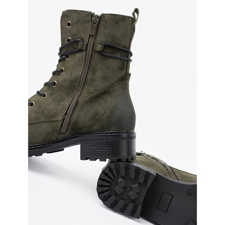 Shelvt Ouvriers à lacé vert foncé avec un talon bas 1