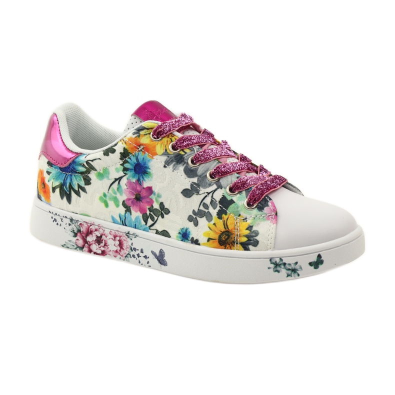 American Club Baskets américaines à fleurs avec incrustation de cuir rose multicolore jaune bleu blanc 1