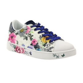 American Club Baskets américaines à fleurs avec incrustation de cuir bleu marin rose blanche 1