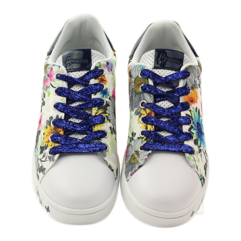 American Club Baskets américaines à fleurs avec incrustation de cuir bleu marine rose blanc 4