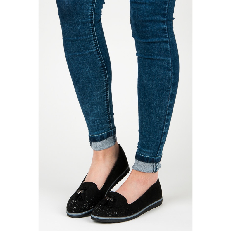 Muto Ballerines en daim à franges noir 1