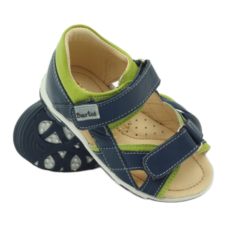 Sandales pour garçons en cuir pour Velcro 137 Navy / Green Bartuś bleu 3