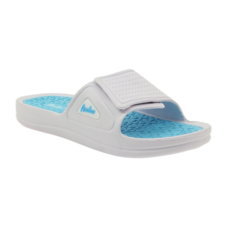 American Club Pantoufles de piscine américaines pour femmes blanche bleu 1