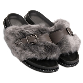 Tongs à la mode avec fourrure gris 1
