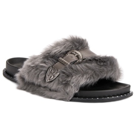 Tongs à la mode avec fourrure gris 3