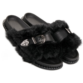 Tongs à la mode avec fourrure le noir 3