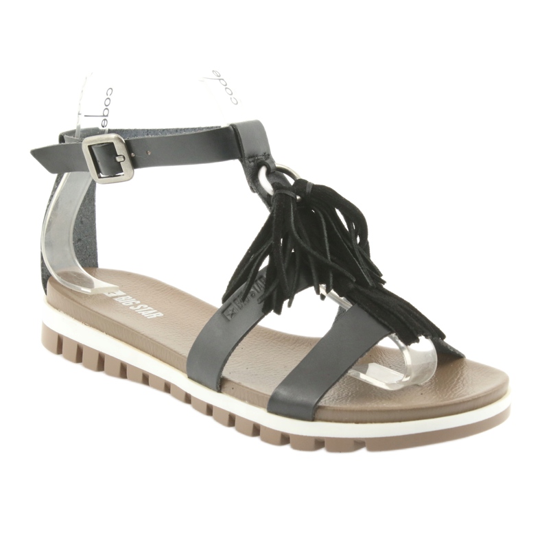 Big Star Boho 274956 Sandales en cuir féminines avec franges noir 1