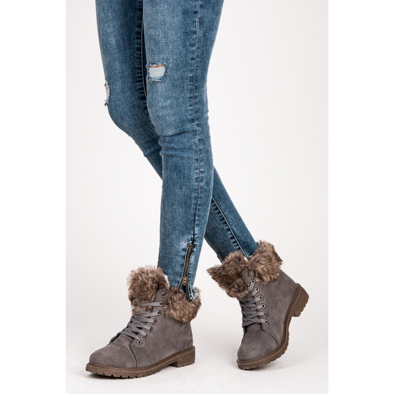 New Tlck Trappeurs en daim avec fourrure gris 1