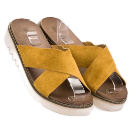 Laura Mode Chaussons en daim moutarde jaune 7