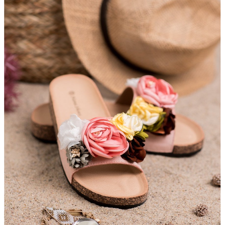 SHELOVET Pantoufles En Daim Avec Fleurs rose 1