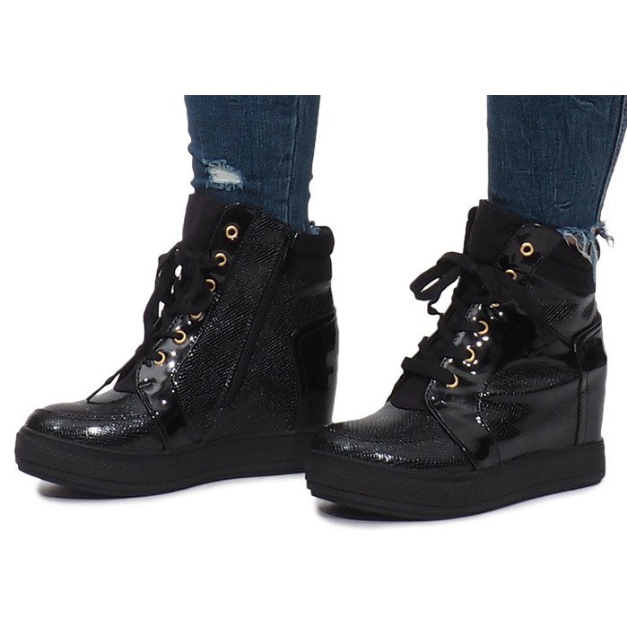 Baskets laquées noires sur le compensé Snake le noir 2