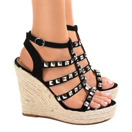 Sandales compensées en paille noire 9529 2