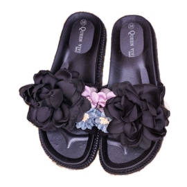 Queen Vivi Pantoufles En Daim Avec Fleurs le noir 6