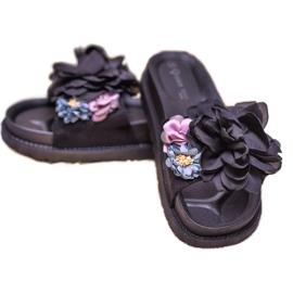 Queen Vivi Pantoufles En Daim Avec Fleurs le noir 5