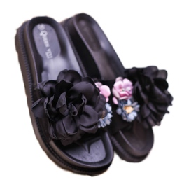 Queen Vivi Pantoufles En Daim Avec Fleurs le noir 3