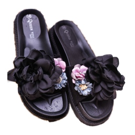 Queen Vivi Pantoufles En Daim Avec Fleurs le noir 4
