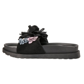 Queen Vivi Pantoufles En Daim Avec Fleurs le noir 1