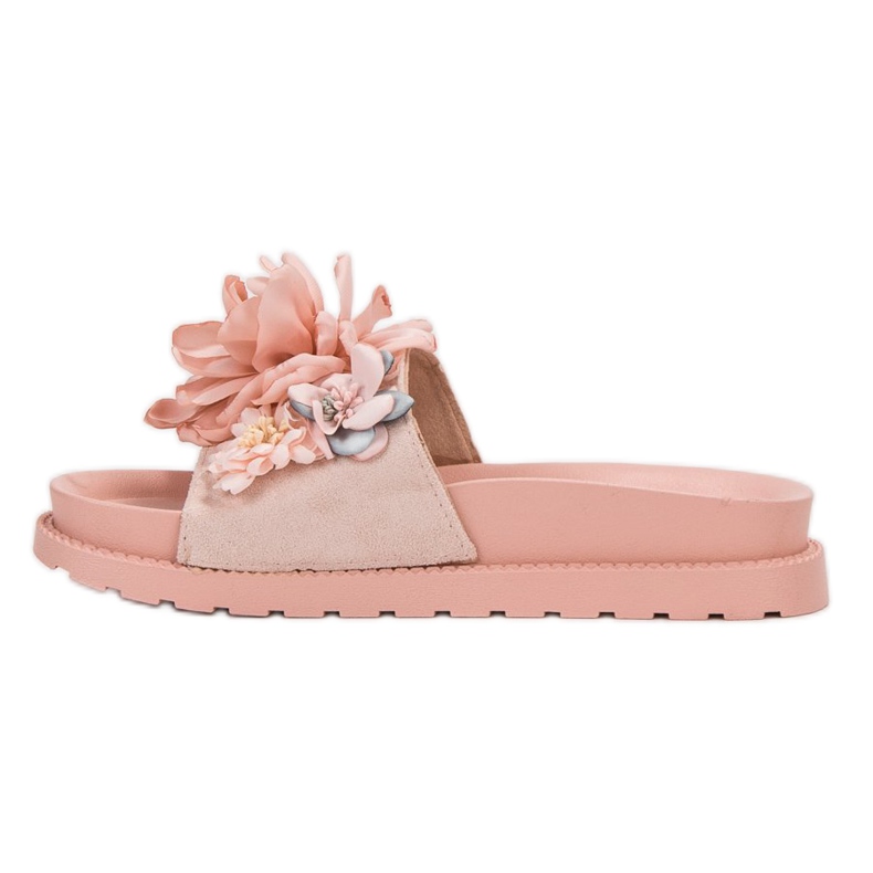 Queen Vivi Pantoufles En Daim Avec Fleurs rose 1