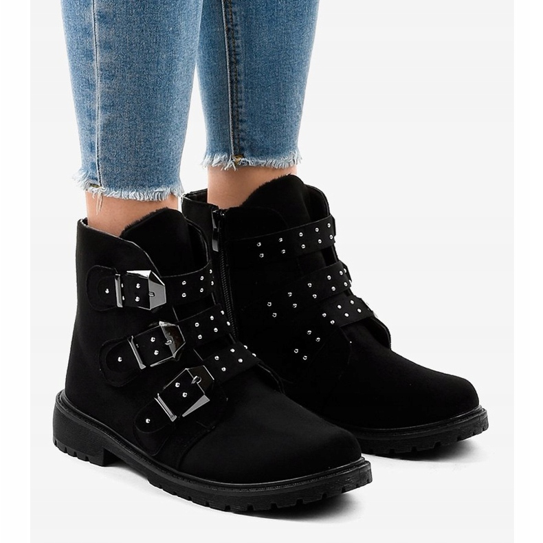 Bottines plates en daim noir avec boucles TL95-1 1