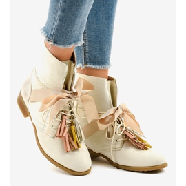 Bottines plates beiges nouées à franges A-226 2