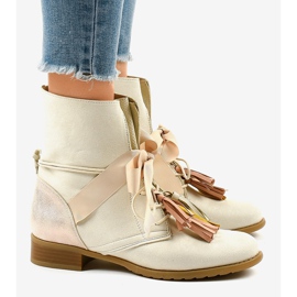 Bottines plates beiges nouées à franges A-226 3