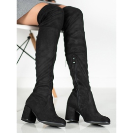 Ideal Shoes Cuissardes en daim le noir 1