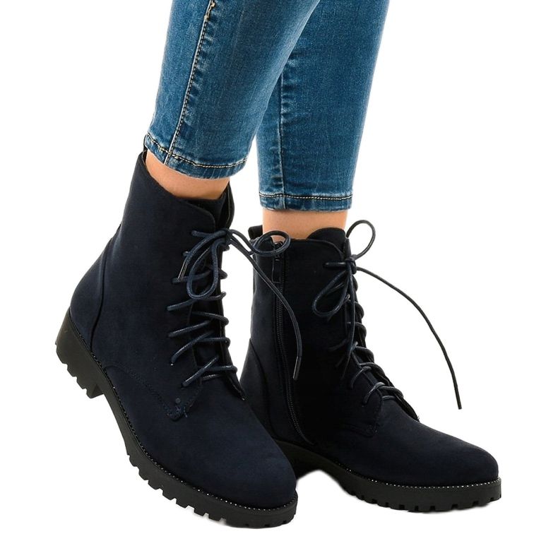 Bottines à lacets en daim bleu marine C-7192 1