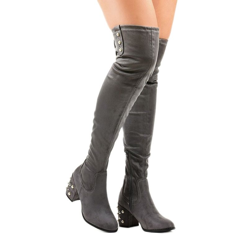 Bottes en daim pour femmes sur le poteau LB-352 gris 1