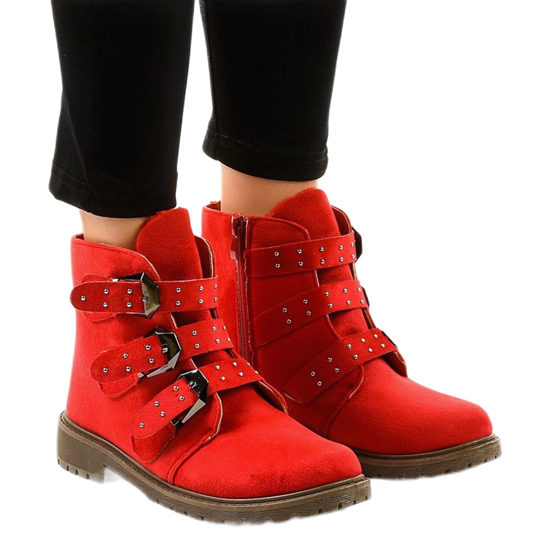 Bottines plates en daim rouge avec boucles TL95-4 1