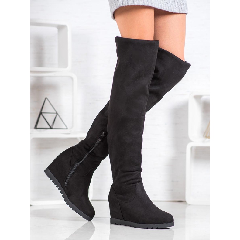 SHELOVET Bottes compensées en daim le noir 1