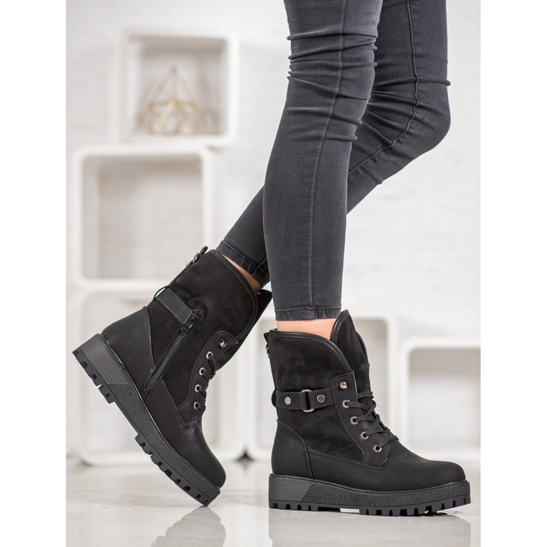 SHELOVET Bottines à lacets en peau de mouton noir 1