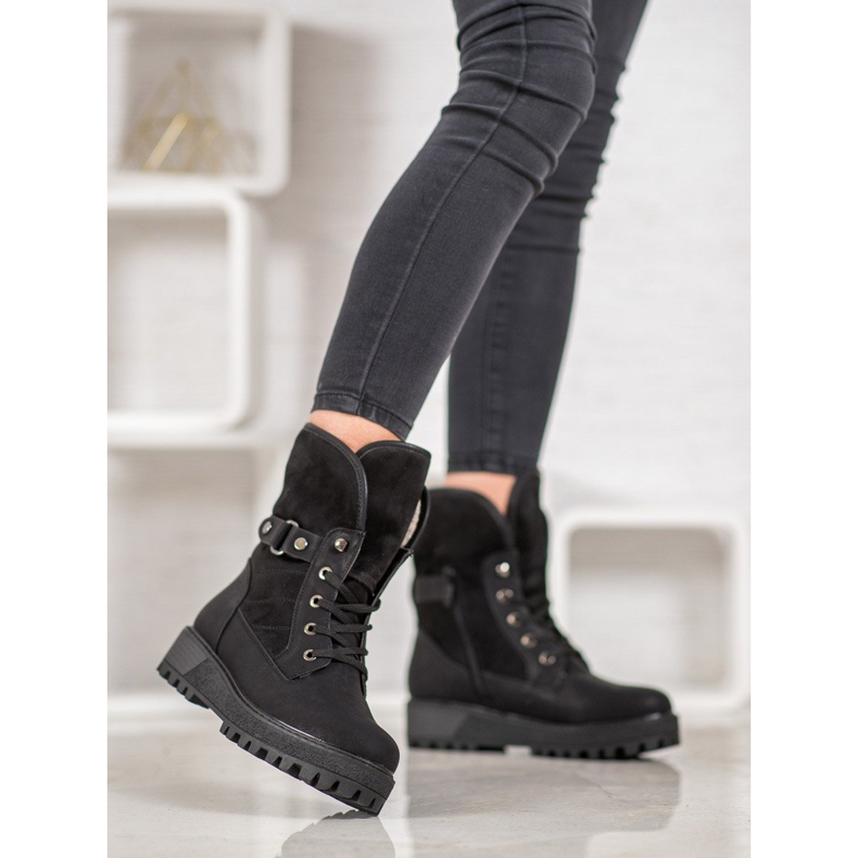 SHELOVET Bottines à lacets en peau de mouton noir 2