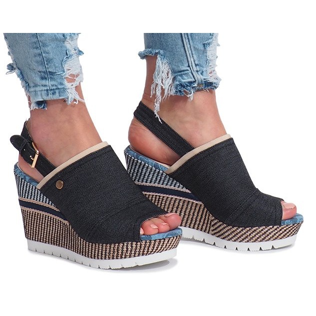 Sandales compensées en jean noir mulanka le noir 1