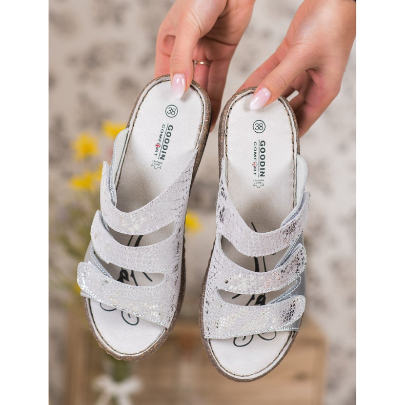 Goodin Pantoufles en cuir argenté gris 1