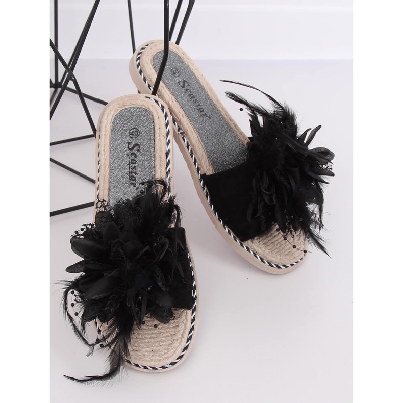 Chaussons femme noirs avec plumes CK131P le noir 1 Chaussons femme noirs avec plumes CK131P le noir 1