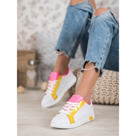 Ideal Shoes Baskets à la mode avec cuir écologique blanche orange rose multicolore jaune 3