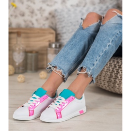Ideal Shoes Baskets à la mode avec cuir écologique blanche bleu rose multicolore 1