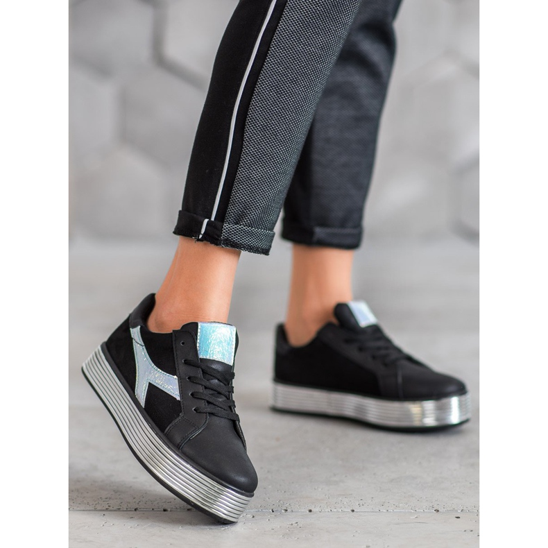 Ideal Shoes Baskets à effet holo noir jaune 2