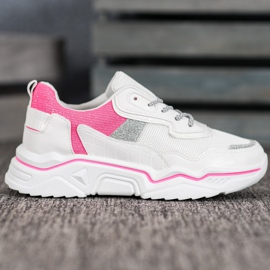 SHELOVET Sneakers sur la plate-forme avec des paillettes blanche rose 2